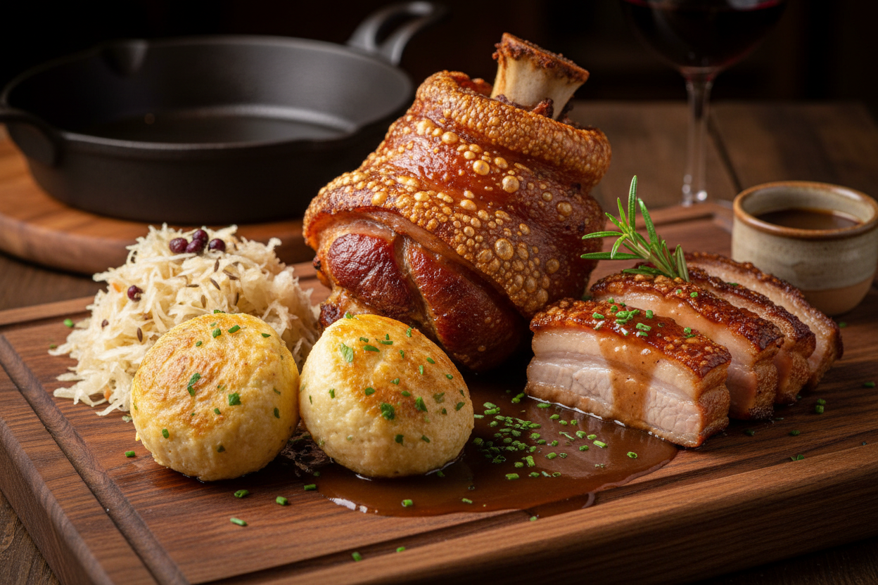 gebratene schweinebauch und schweinestelze auf einem Brett mit Kraut und Knödel