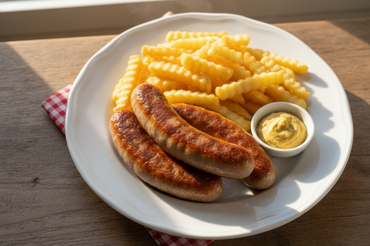 3 gebratene Würste mit Pommes und >Senf auf einem Teller angerichtet