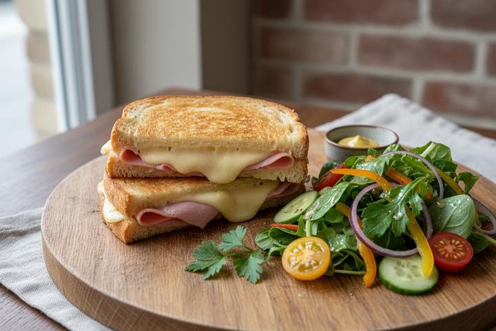 Schinken-Käse-Toast auf einem Brett mit Salatbeilage
