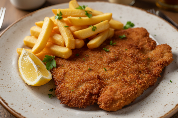 Teller mit paniertem Schnitzel, Pommes und Zitrone