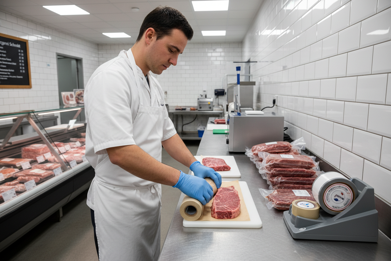 Mitarbeiter verpackt Fleisch in der Metzgerei